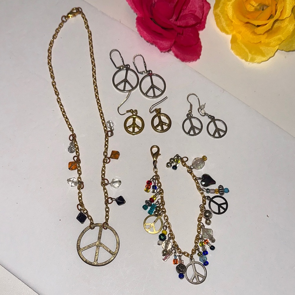 Peace Sign Beaded Hippie Symbol Jewelry Set